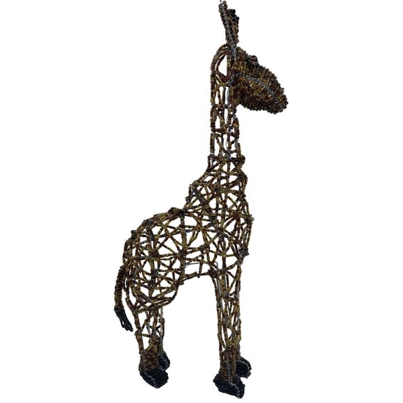 South African Brown Beaded Wire Giraffe Sculpture Handmade African Art Décor - Picture 1 of 12